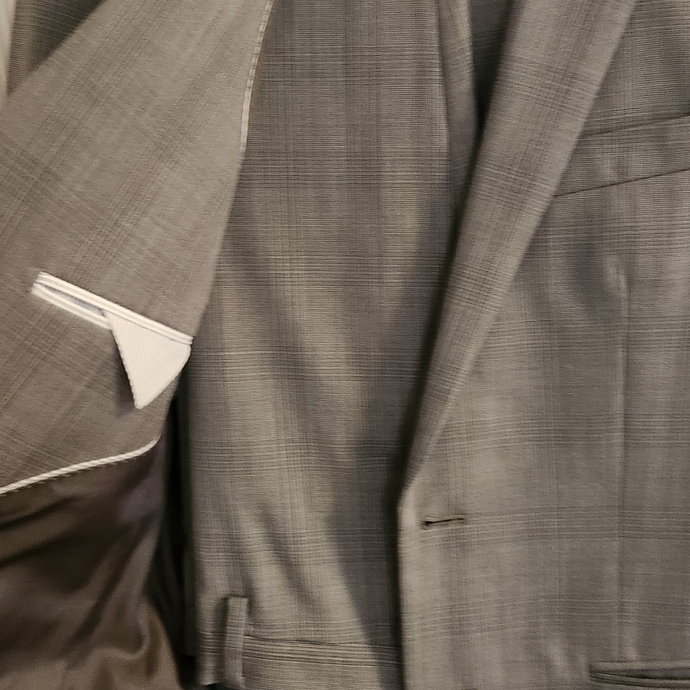 Gray plaid suit. Brand possibly Banana Republic